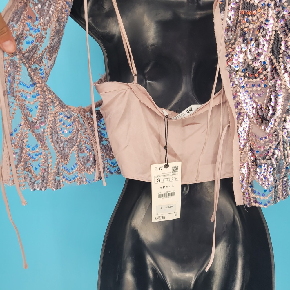 NWT ZARA Embellished Sequin Blouse Top Tank Cropped Sheer Beaded Pastel Sparkly - Picture 9 of 12